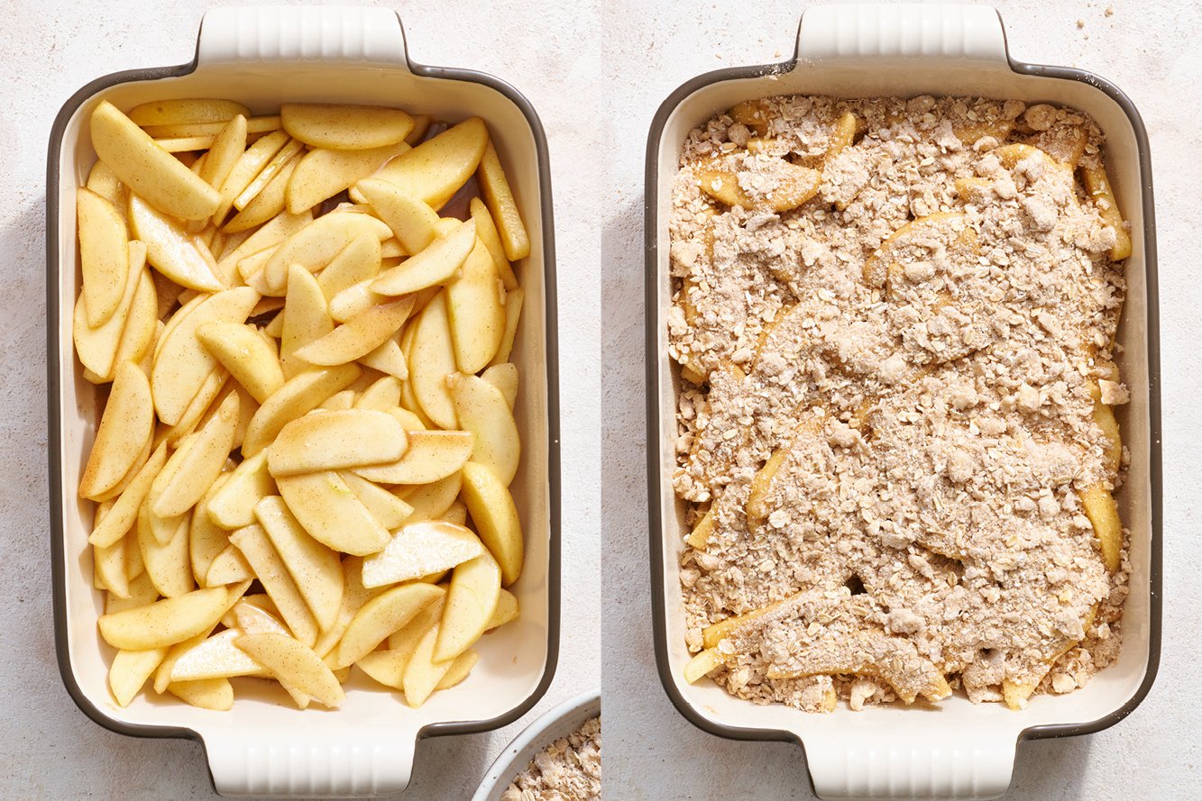 two pans side-by-side, one with sliced apples ready for their streusel topping, and the other topped and ready to bake