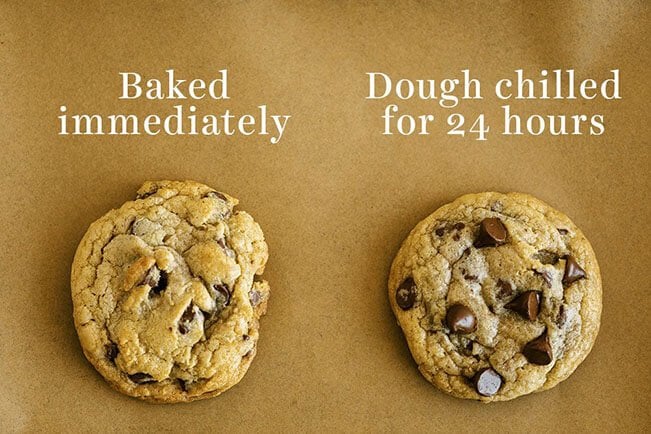 comparison of chocolate chip cookies baked immediately vs chilled