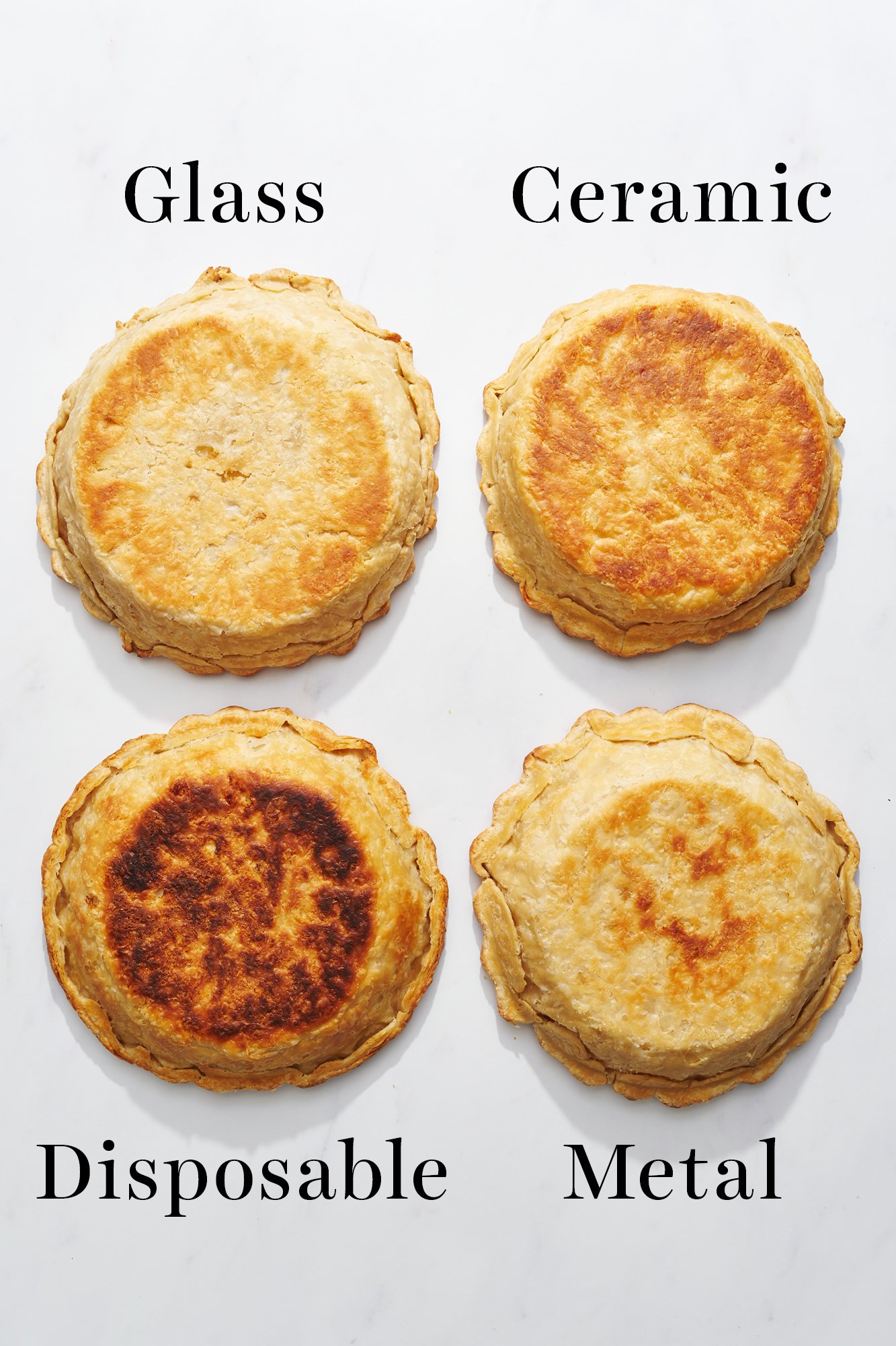 comparison of the bottom of pie crusts baked in glass, ceramic, disposable, and metal pie pans