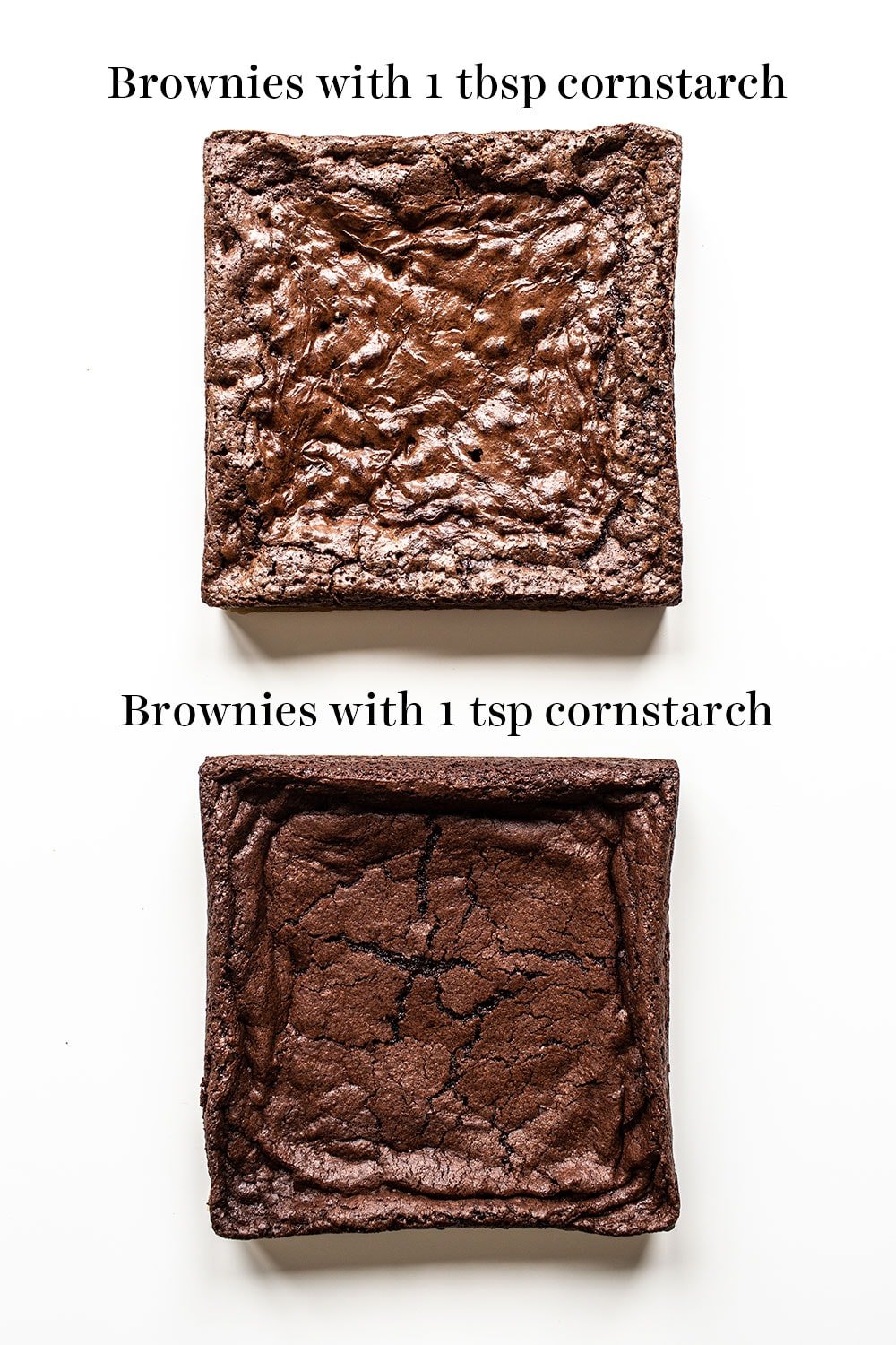 overhead comparison of brownies made with 1 tablespoon of cornstarch vs 1 teaspoon of cornstarch