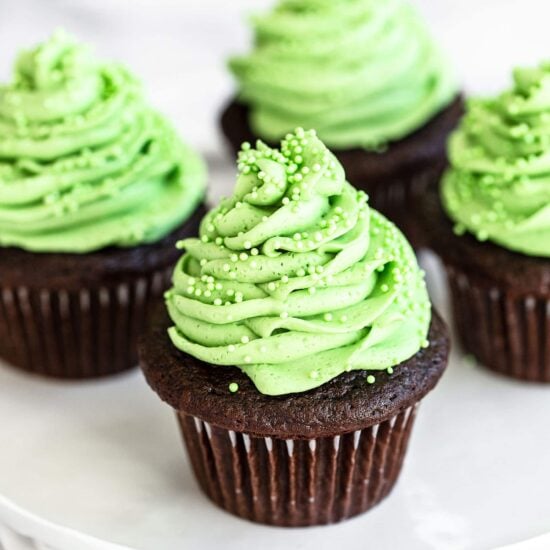 Plate of chocolate mint cupcakes