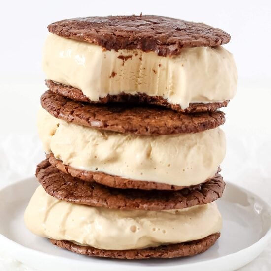 Coffee Brownie Ice Cream Sandwiches feature two layers of thin but ultra rich and fudgy brownie cookies sandwiching a generous layer of creamy cold brew coffee ice cream.