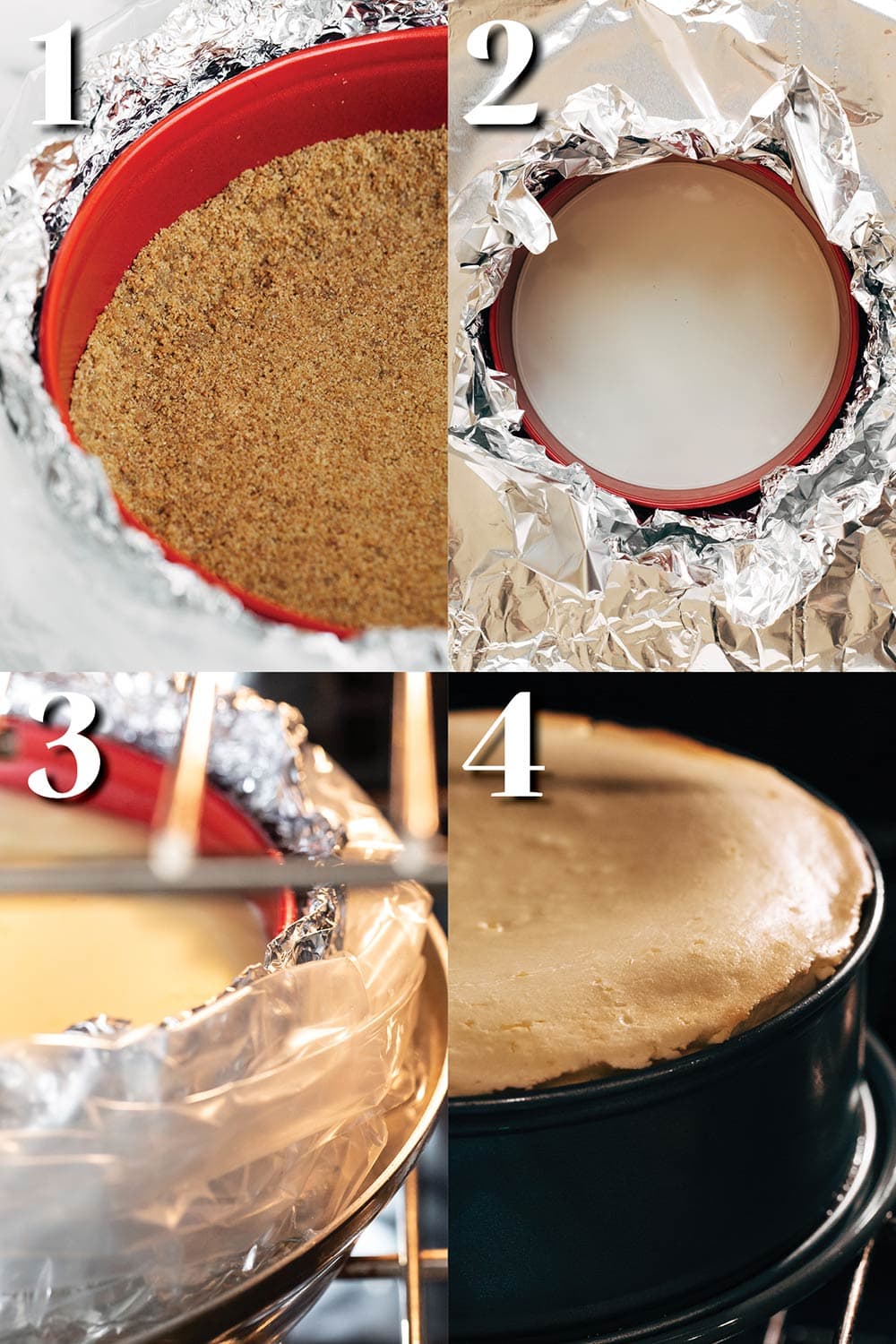 step by step process for baking a cheesecake with a water bath