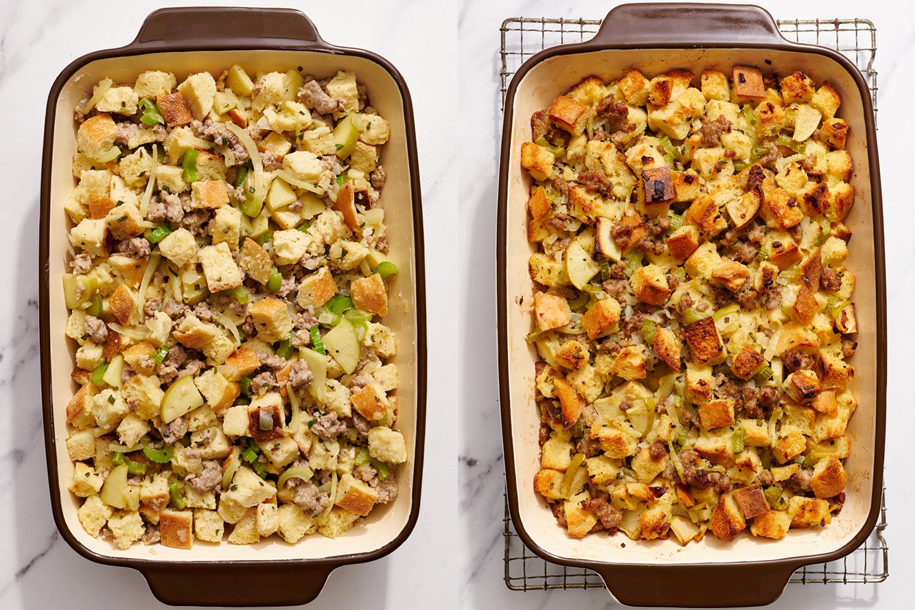 side-by-side photos of unbaked stuffing next to baked stuffing