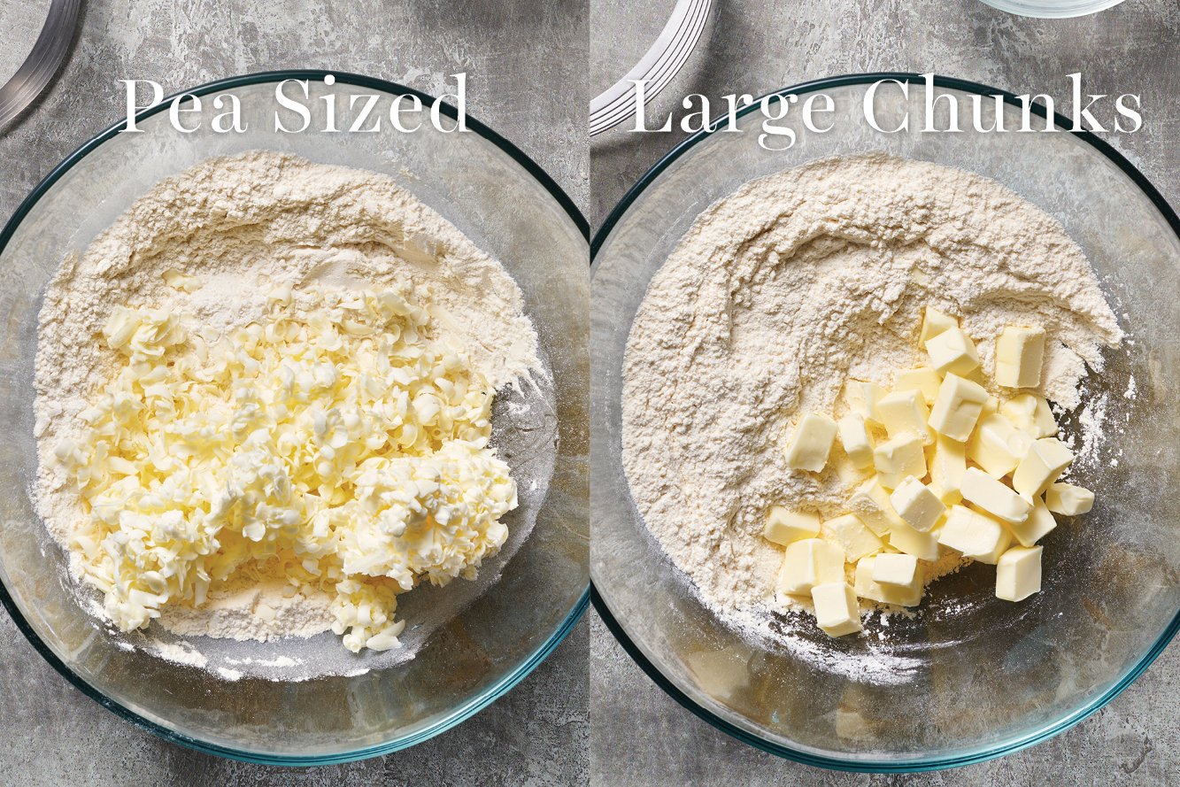 two bowls, side-by-side - one showing pea-sized chunks of butter, and the other showing larger butter chunks, about to be mixed into the bowl of dry ingredients for this dough.