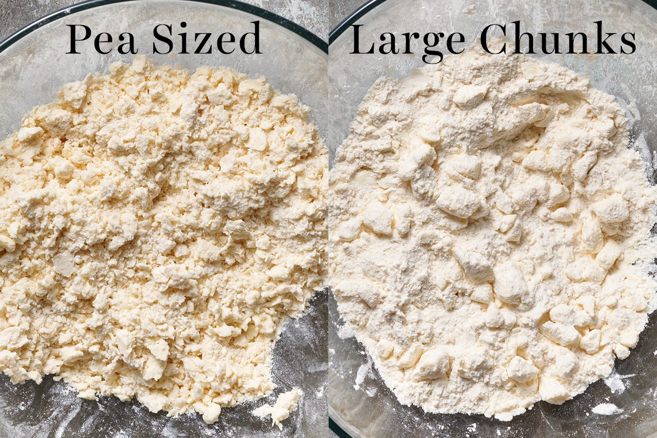 two bowls, side-by-side - one showing pea-sized chunks of butter, and the other showing larger butter chunks, mixed into the bowl of dry ingredients for this dough.