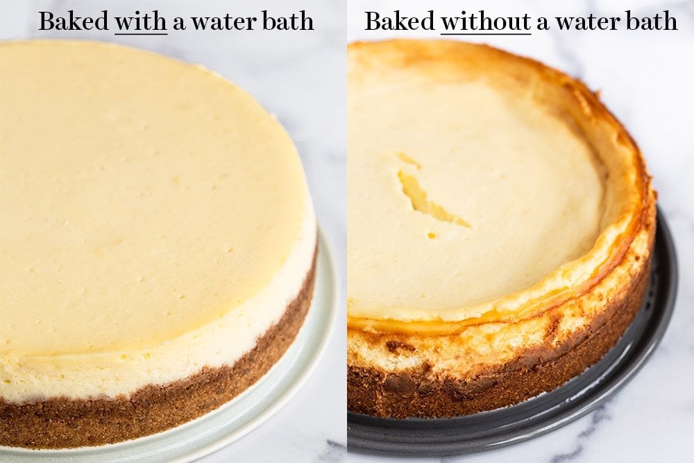 side by side comparison of cheesecakes baked with and without water baths